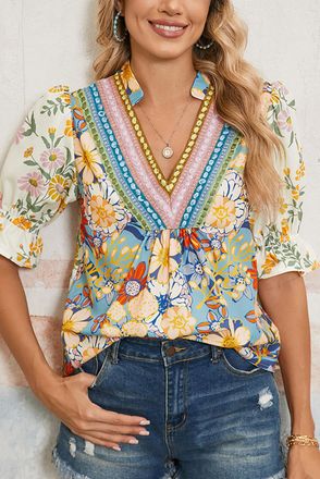 Azura Exchange Bloemenprint Blouse Korte Mouw Geborduurd