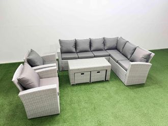 Fimous Rattan Furniture Set 7 Pieces Outdoor Sofa Coffee Table with 2 Chairs in Light Grey