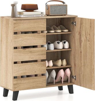 Costway 4 Tier Shoe Cabinet with 2 Doors 80x33x87cm Farmhouse Style Natural
