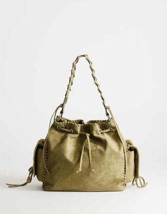 Topshop Simone - Borsa a secchiello da spalla in camoscio kaki con tasca-Verde