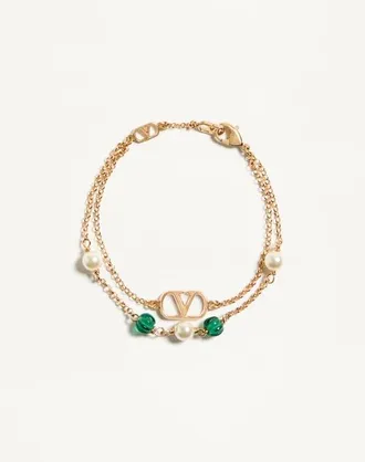 Valentino Garavani Vlogo Signature Metal, Pearl And Knurled Glass Bracelet Woman GOLD M