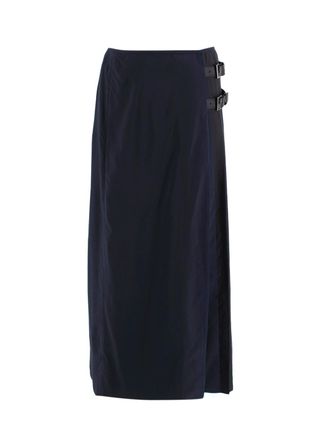 Prada Navy and Black Pleated Midi Skirt with Buckle Detail Size XS