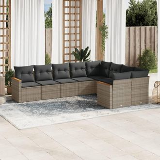 vidaXL Set De Muebles De Jard&iacute;n 9 Pzas Y Cojines Rat&aacute;n Sint&eacute;tico Gris Vidaxl