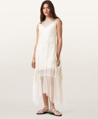 AllSaints Polyester Clara Lace Trim Midi Dress, Size: UK 16/US 12