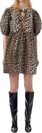 Ganni Printed Cotton Tie String Mini Dress In Leopard