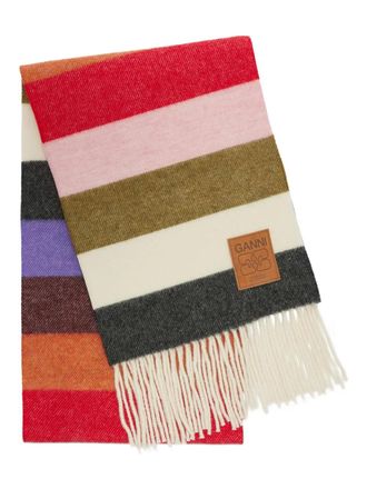 Ganni striped fringed scarf - women - Fabric - One Size - Red