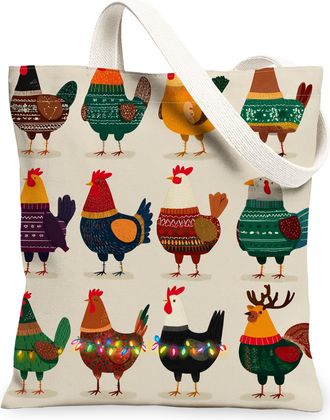 Generic Christmas Chicken Canvas Tote Bags, Colorful Bird Pattern Reusable Grocery Bags, Rustic Lightweight Washable Shoulder Strap, Multicolor, 13x15 Inch