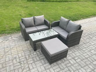 Fimous High Back Rattan Garden Furniture Set with Loveseat Sofa Coffee Table Footstool Outdoor Patio Lounge Sofa Set in Dark Grey