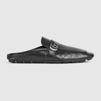 Gucci Mens Slipper With Double G, Black, Leather