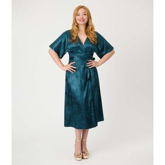 Unique Vintage Tie Wrap Surplice Midi Dress in Teal Floral at Nordstrom, Size X-Large