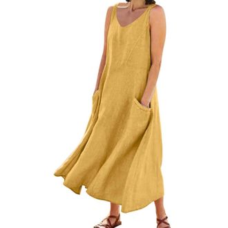 Generic Summer Linen Dress for Women 2026 Trendy Sleeveless Cotton Boho Maxi Dresses Loose Flowy Comfy Beach Dress with Pockets