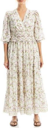 Max Studio Surplice Neck Smocked Waist Maxi Dress in Cream/Pink Bloom Interlace at Nordstrom Rack, Size X-Large