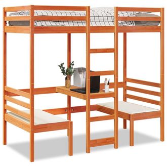 Berkfield Home Loft Bed Frame with Desk & Chairs Wax Brown 75x190cm Solid Wood Pine | Size: 75x190 cm