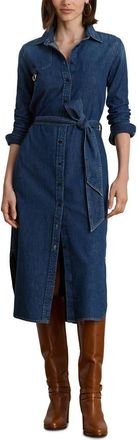 Lauren Ralph Lauren Horsebit Belted Long Sleeve Denim Shirtdress in Atecco Wash at Nordstrom, Size 16