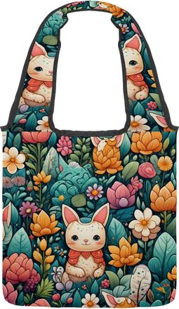 Generic Cartoon Grass Bunny Reversible Canvas Shoulder Tote - Double-Sided Print, 12oz Cotton, 27cm Drop, Fold-Flat Bag for Travel, Shopping, Street Outings