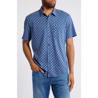Faherty Print Short Sleeve Cotton Button-Up Shirt in Navy Atlas at Nordstrom Rack, Size Xx-Large