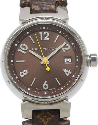 Louis Vuitton Pre-owned Tambour Monogram Stainless Steel Quartz - Dames - Vintage Horloges - Bruin - ONE Size - Leer - Vintage