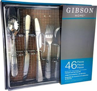 Gibson Home Hammered 46 Piece Flatware Set with Wire Caddy