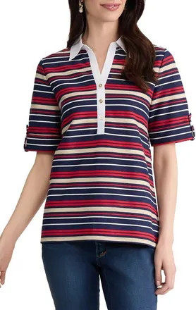Jones New York Stripe Roll Tab Cuff Polo in Pacific Navy Multi at Nordstrom, Size X-Small