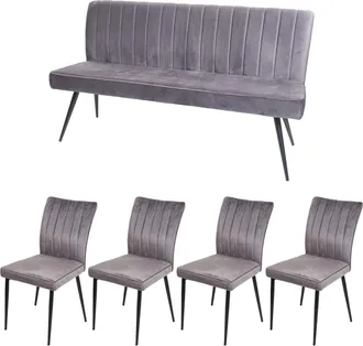 Hhg Non Utilizzato] Set Panca Con 4x Sedie Sala Da Pranzo Soggiorno Hhg 480 Metallo Verniciato Velluto Grigio Scuro