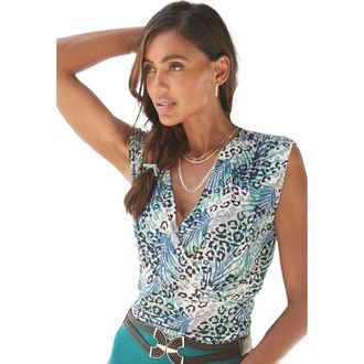 Lascana Womens Sleeveless Wrap Look Top in Grey & Teal at Nordstrom, Size 2