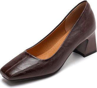 Generic Womens PU Leather Square Toe Pumps Chunky Block Heel Slip-On Design Stitched Detail Comfortable Fashion Daily Shoes,Brown,5.5 UK