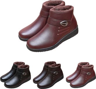 Generic Winter Ankle Boots for Women Flat Low Heel Vegan Leather Boots with Fur Lined Padded Warm Short Boots Ladies Side Zipper Waterproof Non-Slip Ankle Boo