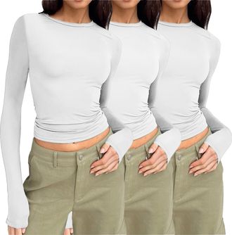 Generic 3 Pack Womens Thermal Long Sleeve Tops Slim Fit Stretch Crew Neck Shirts Breathable Layering Tees for Women Workwear Underscrubs White M