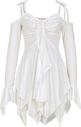 Generic Gothic Dresses for Women Vintage Off The Shoulder Tie Straps Steam Punk Mini Dress Sexy V-Neck Flared Long Sleeves Y2K Handkerchief Dress Halloween Co