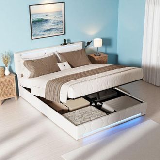 OEM Cama Cofre Doble 140x200 Cm Adulto Hidr&aacute;ulica Con Led Rgb - Cabecera Ajustable En Tela De Hormig&oacute;n, Carga 350kg, Moderna