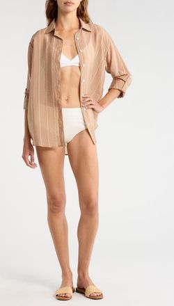 Elan Stripe Button-Up Cover-Up Shirt in Tan at Nordstrom, Size X-Small