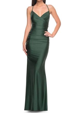 La Femme Fitted Jersey Gown In Emerald