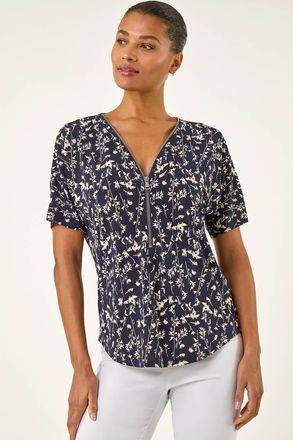 Roman Floral Puff Print Zip Front Top