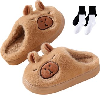 Generic Capybara Slippers for Women Men, Cute Plush Cartoon Slippers, Winter Warm with Non-slip Thick Sole (Khaki, One Size, Adult, Women, 9.5, Numeric Range,