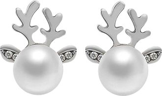 Generic Small Earrings Christmas Pearl Deer Earrings For Women Fashionable And Unique Holiday Jewelry Stainless Steel Stud (Silver, One Size)