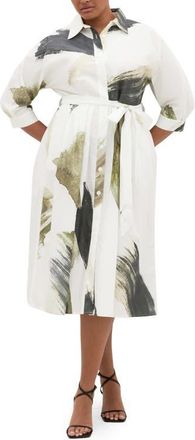 City Chic Angel Brushstroke Belted Cotton Shirtdress in Muse Ivory at Nordstrom, Size Xxs
