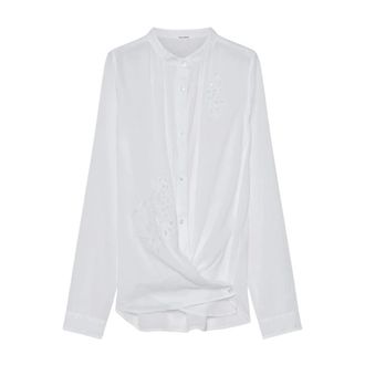 Pomandere Shirts, female, White, Size: XS Cotton Voile Shirt with Floral Embroidery