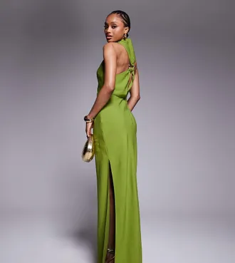 Asos Tall ASOS DESIGN Tall - Vestito lungo accollato verde con finiture in metallo
