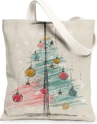 Generic Christmas Tree Canvas Tote Bag, Holiday Art Pattern Reusable Grocery Bags, Winter Lightweight Washable Canvas Bags for Trav, Beige, 13x15 Inch