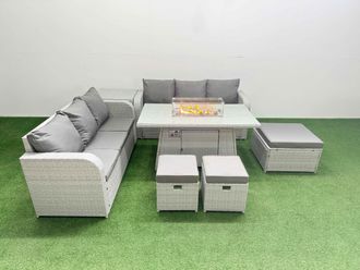 Fimous Outdoor Garden Furniture Sets 9 Seater Wicker Rattan Furniture Sofa Sets w/ Firepit Dining Table high Back Lounge Sofa 3 Stools Side Table