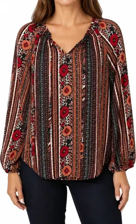 Papillon Womens Multi Floral Stripe V-Notch Shirt In Brown