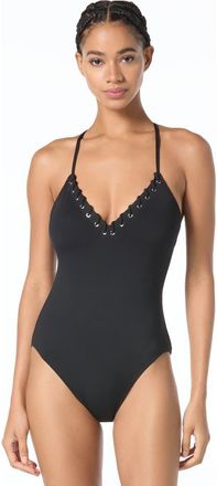 Michael Kors Laced Grommets Cross Back One-Piece Swimsuit in Black at Nordstrom, Size 12