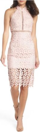 Bardot Crochet Lace Sleeveless Halter Cocktail Dress In Pink