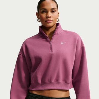 Nike Womens Studio Fleece Weight Oversized 1/4-Zip Cropped Top in Red | IM8501-654