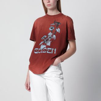 Golden Goose Rust-colored cotton T-shirt with floral print