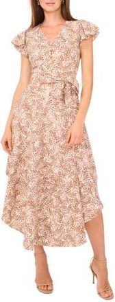 Vince Camuto Abstract Print Flutter Sleeve Midi Dress in Camel at Nordstrom Rack, Size X-Large