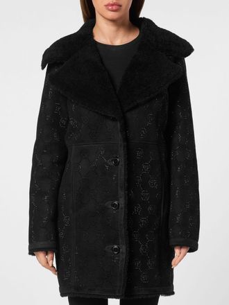Philipp Plein Single-Breasted Shearling Coat with Rhinestone Hexagon Logo