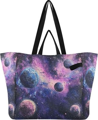 Generic Purple Planet Space print Reusable Canvas Tote Bag, Heavy Duty Grocery Shopping Bag with Hard Bottom Large Capacity Double Handles Work Groceries Trav