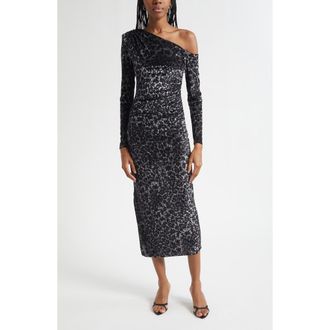 Ramy Brook Anastasia Leopard Spot Velvet Burnout One-Shoulder Midi Dress in Black Leopard Burnout at Nordstrom Rack, Size Medium