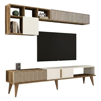 Dmora Pared Modular Ostro, Mueble De Sala 10 Estantes, 4 Puertas, Set Combinable, Marr&oacute;n Nogal